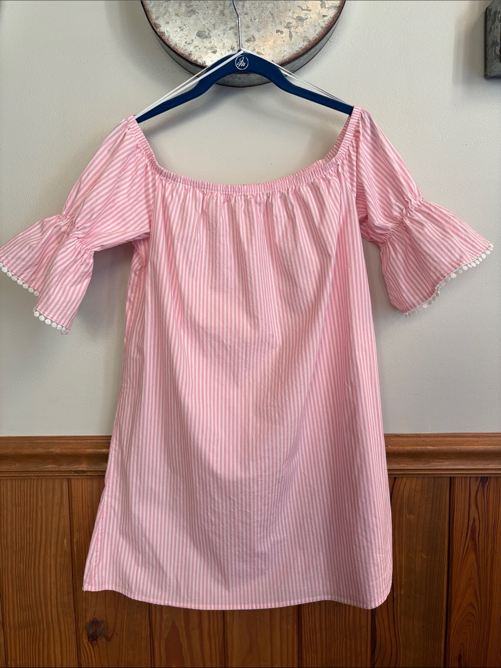Ambiance Pink & White Striped Off-Shoulder Dress with Ruffle Sleeves, size M